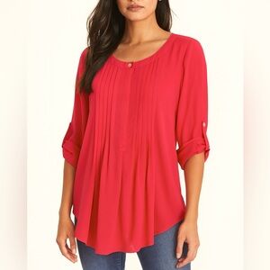 Daniel Rainn Red Casual Flowy Classic Feminine Chic Roll up sleeve Blouse Top M
